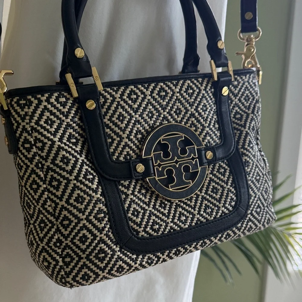 Tory Burch Amanda in Raffia Black and Cream Satchel
